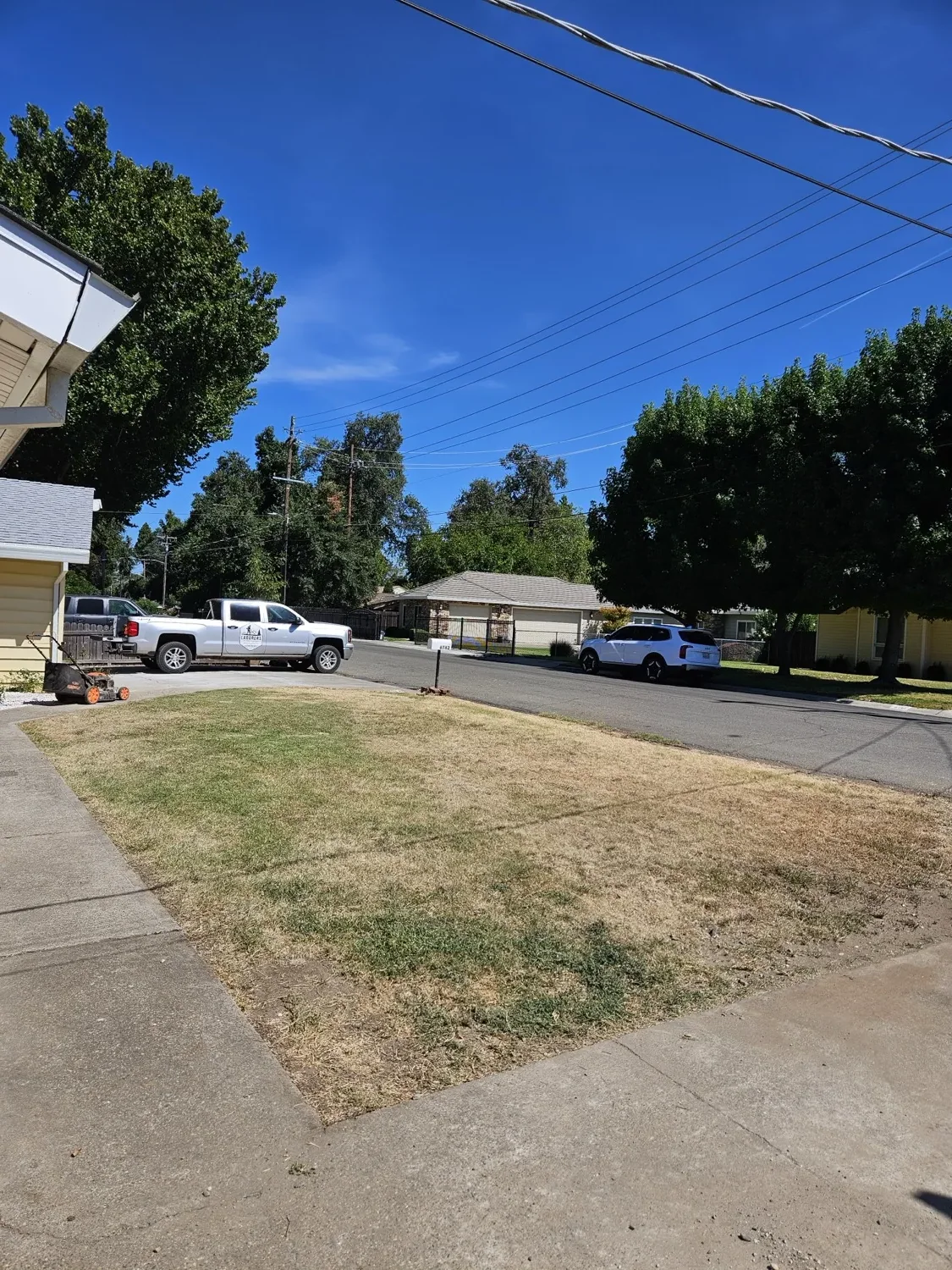 Front lawn mowed clean with the work truck at the curb