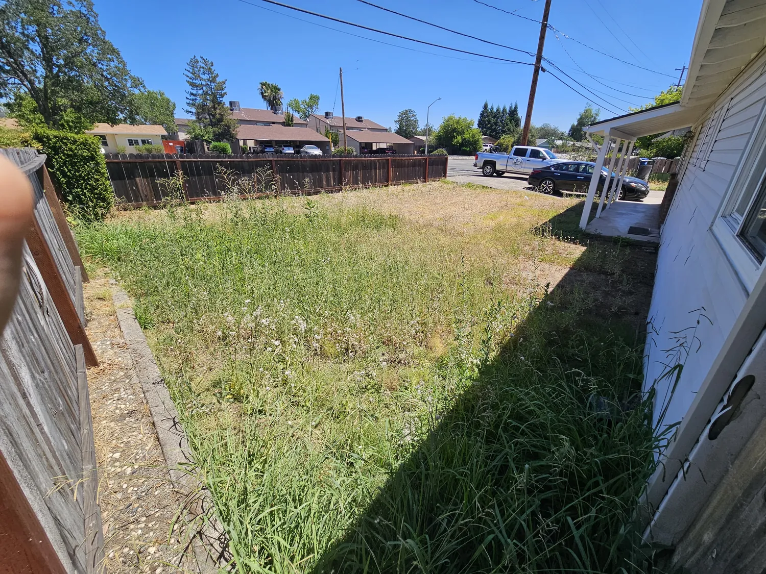 Overgrown dry grass and brush close to a home before defensible space work